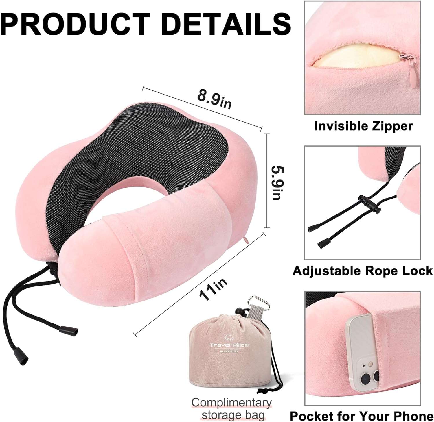 Pink Travel Neck Pillow and Blanket Set for Airplane Travel Essentials Womens Memory Foam Neck Pillow and Compact Soft Airplane Blanket with Bag for Traveling Airport Car Sleeping - 3