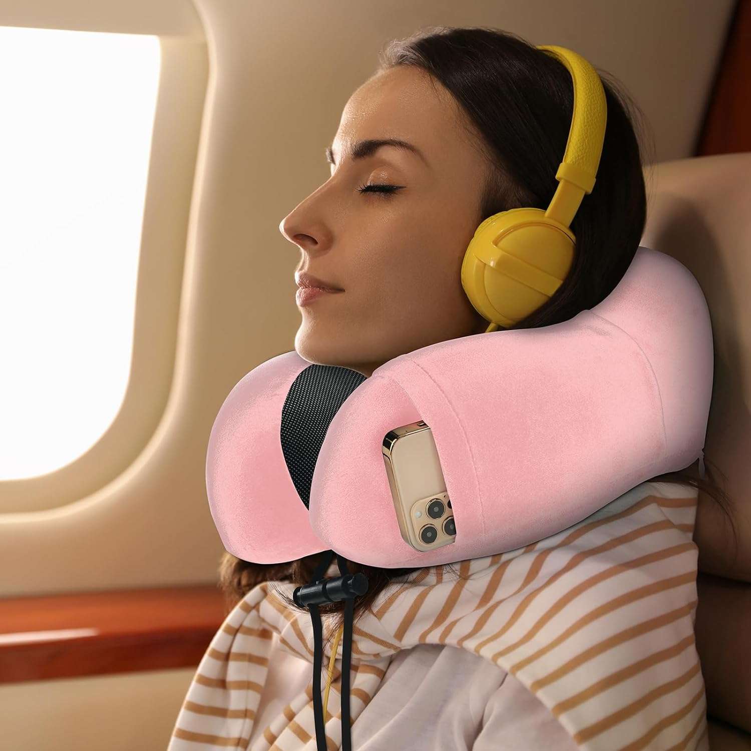 Pink Travel Neck Pillow and Blanket Set for Airplane Travel Essentials Womens Memory Foam Neck Pillow and Compact Soft Airplane Blanket with Bag for Traveling Airport Car Sleeping - 4