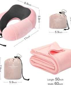 Pink Travel Neck Pillow and Blanket Set for Airplane Travel Essentials Womens Memory Foam Neck Pillow and Compact Soft Airplane Blanket with Bag for Traveling Airport Car Sleeping - 8