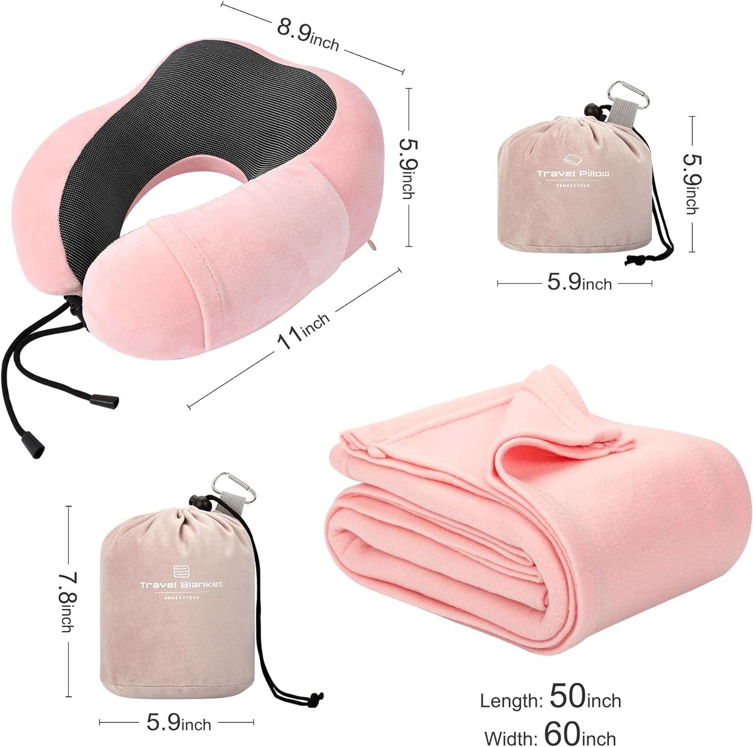 Pink Travel Neck Pillow and Blanket Set for Airplane Travel Essentials Womens Memory Foam Neck Pillow and Compact Soft Airplane Blanket with Bag for Traveling Airport Car Sleeping - 8