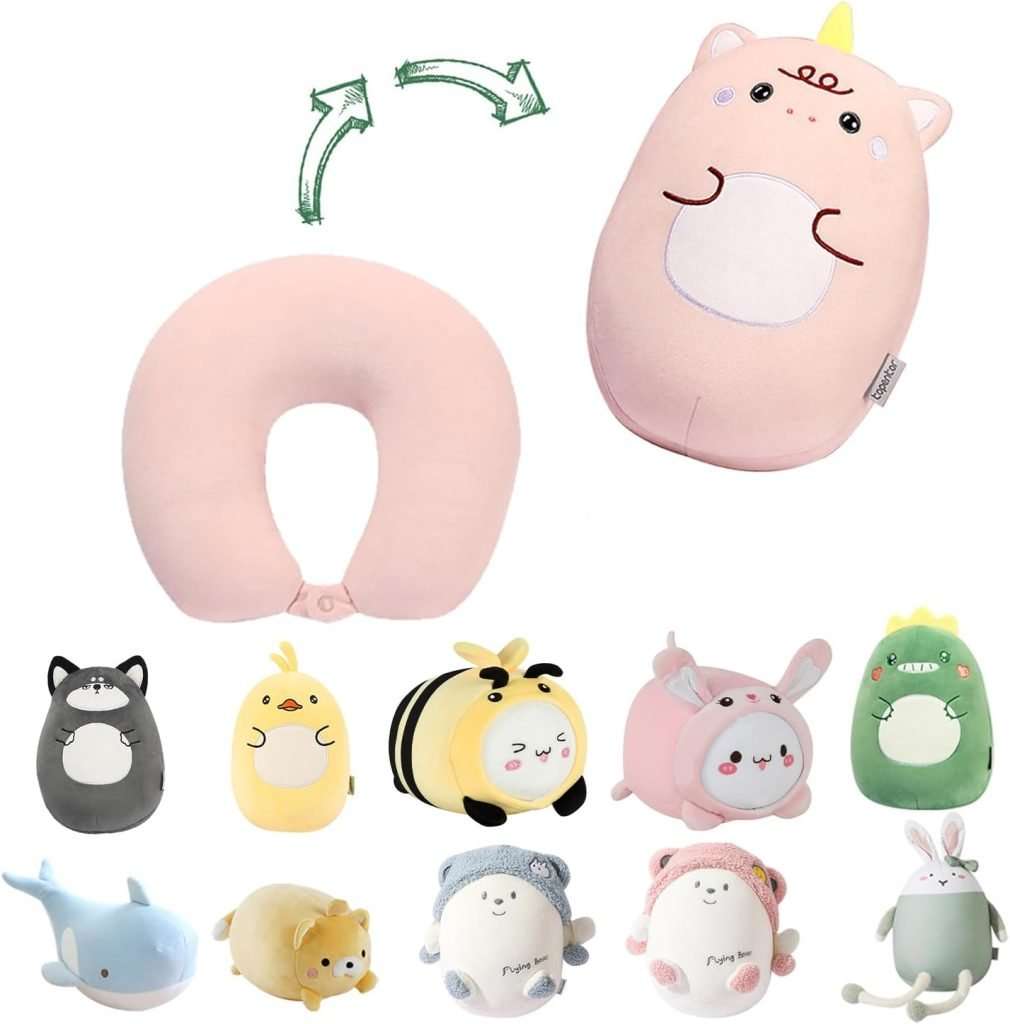 Kids Travel Pillow – 2-in-1 Deformable Kids Neck Pillow for Traveling, Soft U-Shaped Pillow with Adorable Animal Design, Comfy Sleep and Play, Ideal for Airplanes and Cars – Pink Unicorn