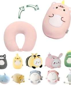 Kids Travel Pillow - 2-in-1 Deformable Kids Neck Pillow for Traveling, Soft U-Shaped Pillow with Adorable Animal Design, Comfy Sleep and Play, Ideal for Airplanes and Cars - Pink Unicorn - 1