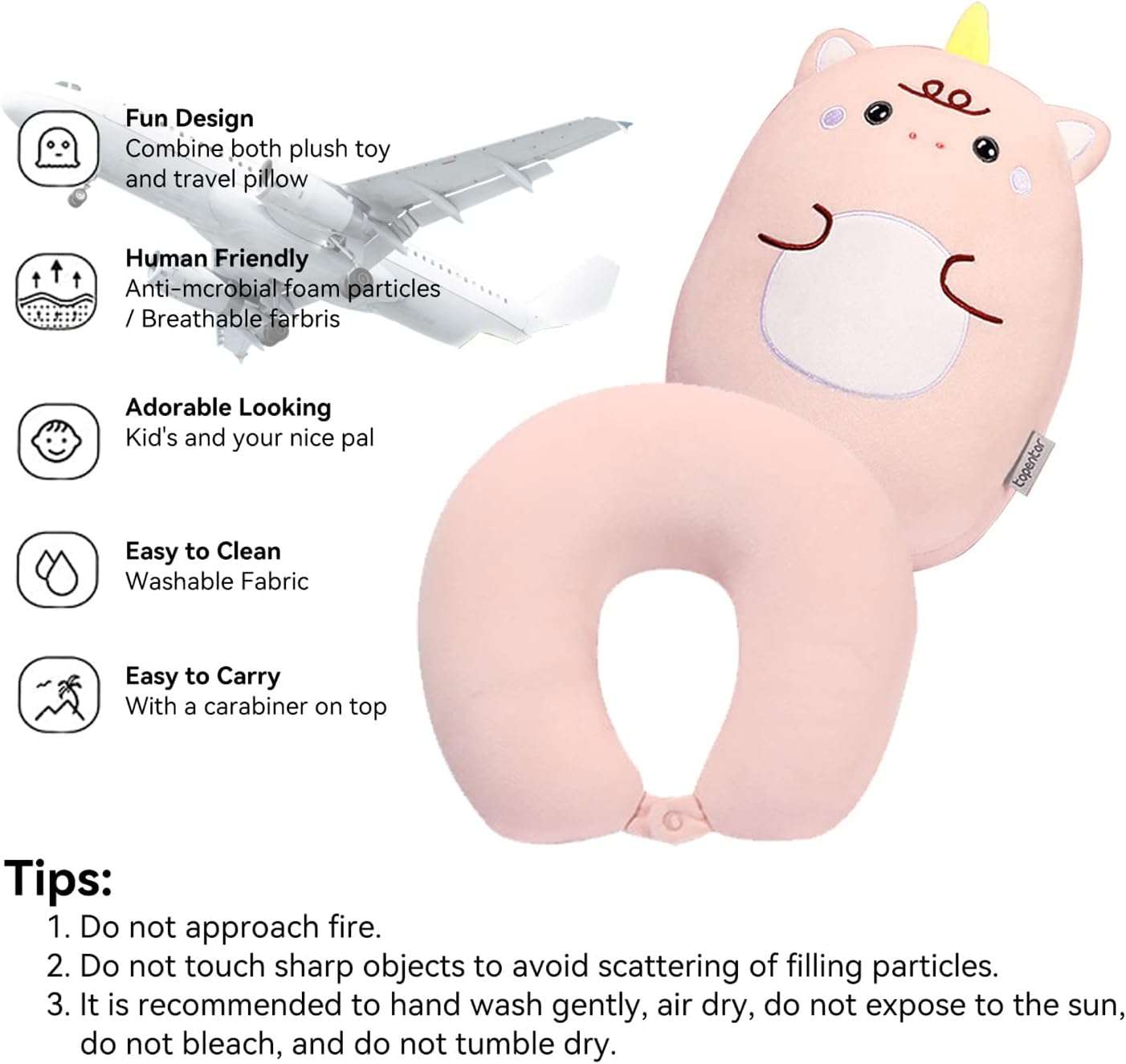 Kids Travel Pillow - 2-in-1 Deformable Kids Neck Pillow for Traveling, Soft U-Shaped Pillow with Adorable Animal Design, Comfy Sleep and Play, Ideal for Airplanes and Cars - Pink Unicorn - 3