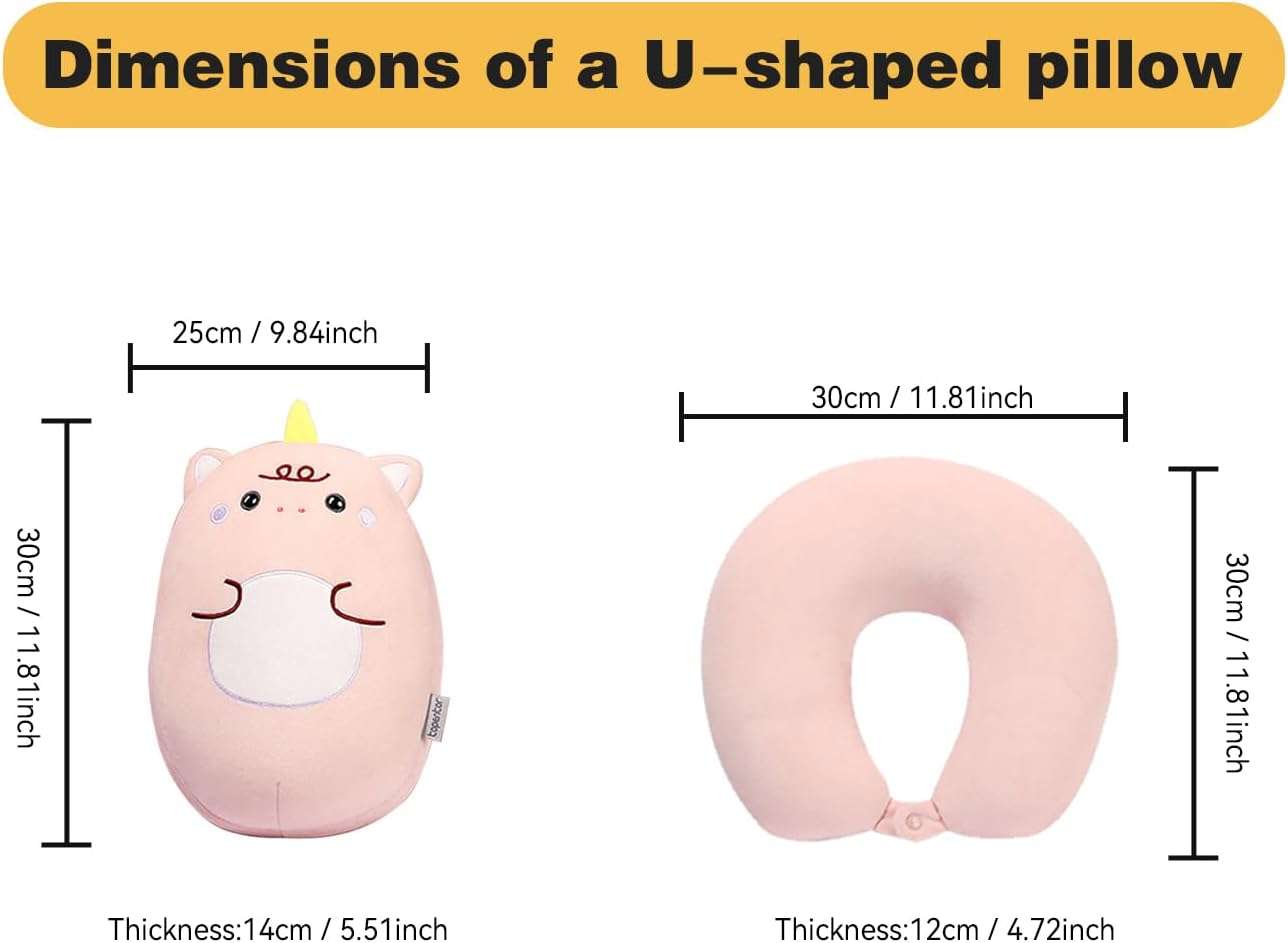 Kids Travel Pillow - 2-in-1 Deformable Kids Neck Pillow for Traveling, Soft U-Shaped Pillow with Adorable Animal Design, Comfy Sleep and Play, Ideal for Airplanes and Cars - Pink Unicorn - 5