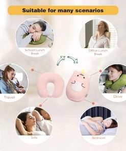Kids Travel Pillow - 2-in-1 Deformable Kids Neck Pillow for Traveling, Soft U-Shaped Pillow with Adorable Animal Design, Comfy Sleep and Play, Ideal for Airplanes and Cars - Pink Unicorn - 6