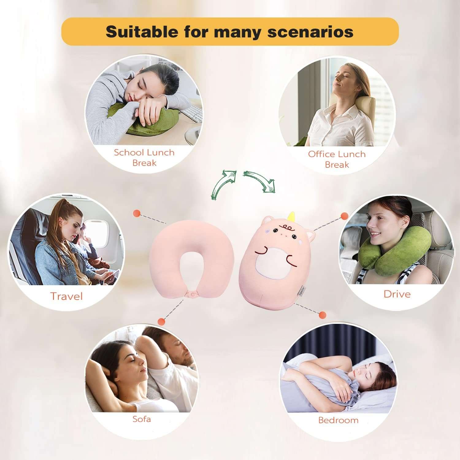 Kids Travel Pillow - 2-in-1 Deformable Kids Neck Pillow for Traveling, Soft U-Shaped Pillow with Adorable Animal Design, Comfy Sleep and Play, Ideal for Airplanes and Cars - Pink Unicorn - 6
