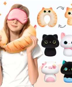 Kids Travel Pillow, Cute Brown Cat Stuffed Animal Neck Pillow for Kids & Adults, Reversible Plush Squishy 2-in-1 Travel Plush Pillow for Airplane, Car, Train - 7