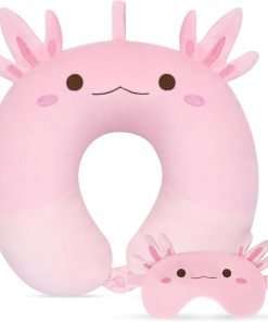 Kids Travel Pillow, Kid Neck Pillows with Eye Mask Cute Axolotl U Shaped Neck Pillow, Neck Support Travel Pillow for Road Trip, Airplane, Travel Pillow for Kids & Adults - 1