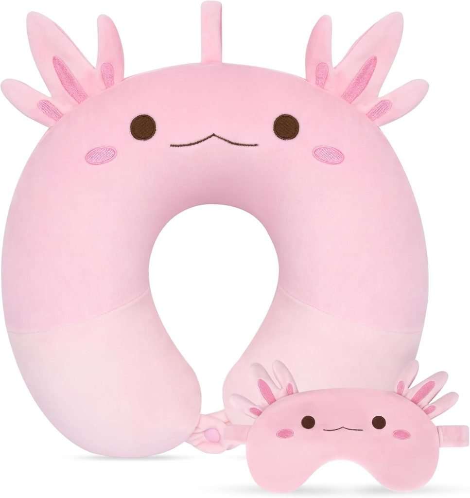 Kids Travel Pillow, Kid Neck Pillows with Eye Mask Cute Axolotl U Shaped Neck Pillow, Neck Support Travel Pillow for Road Trip, Airplane, Travel Pillow for Kids & Adults