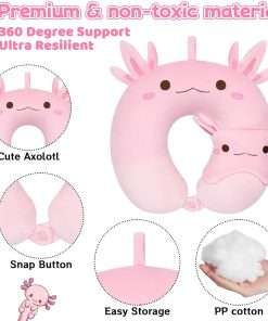 Kids Travel Pillow, Kid Neck Pillows with Eye Mask Cute Axolotl U Shaped Neck Pillow, Neck Support Travel Pillow for Road Trip, Airplane, Travel Pillow for Kids & Adults - 2