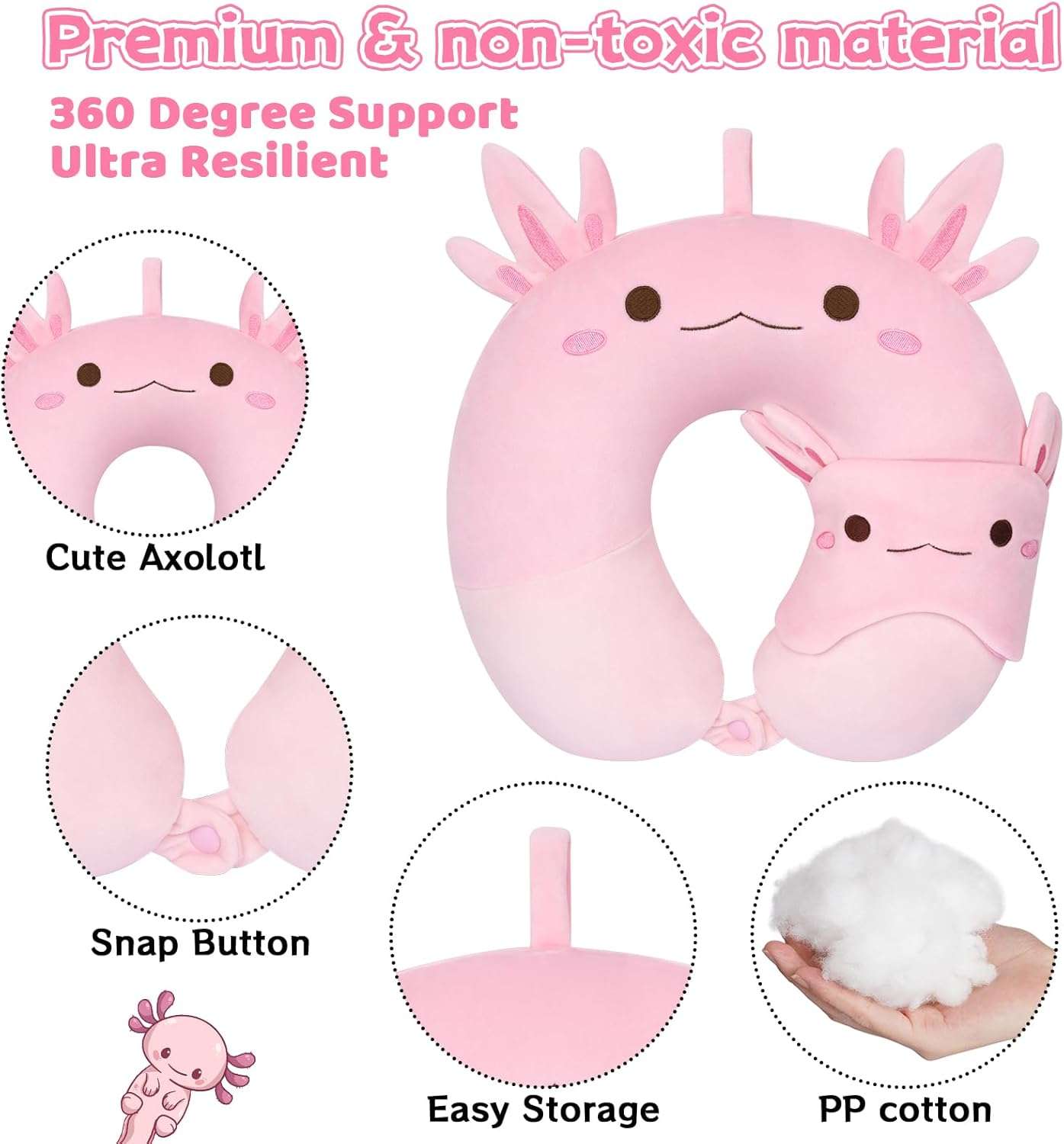 Kids Travel Pillow, Kid Neck Pillows with Eye Mask Cute Axolotl U Shaped Neck Pillow, Neck Support Travel Pillow for Road Trip, Airplane, Travel Pillow for Kids & Adults - 2