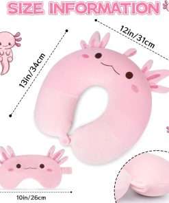 Kids Travel Pillow, Kid Neck Pillows with Eye Mask Cute Axolotl U Shaped Neck Pillow, Neck Support Travel Pillow for Road Trip, Airplane, Travel Pillow for Kids & Adults - 3