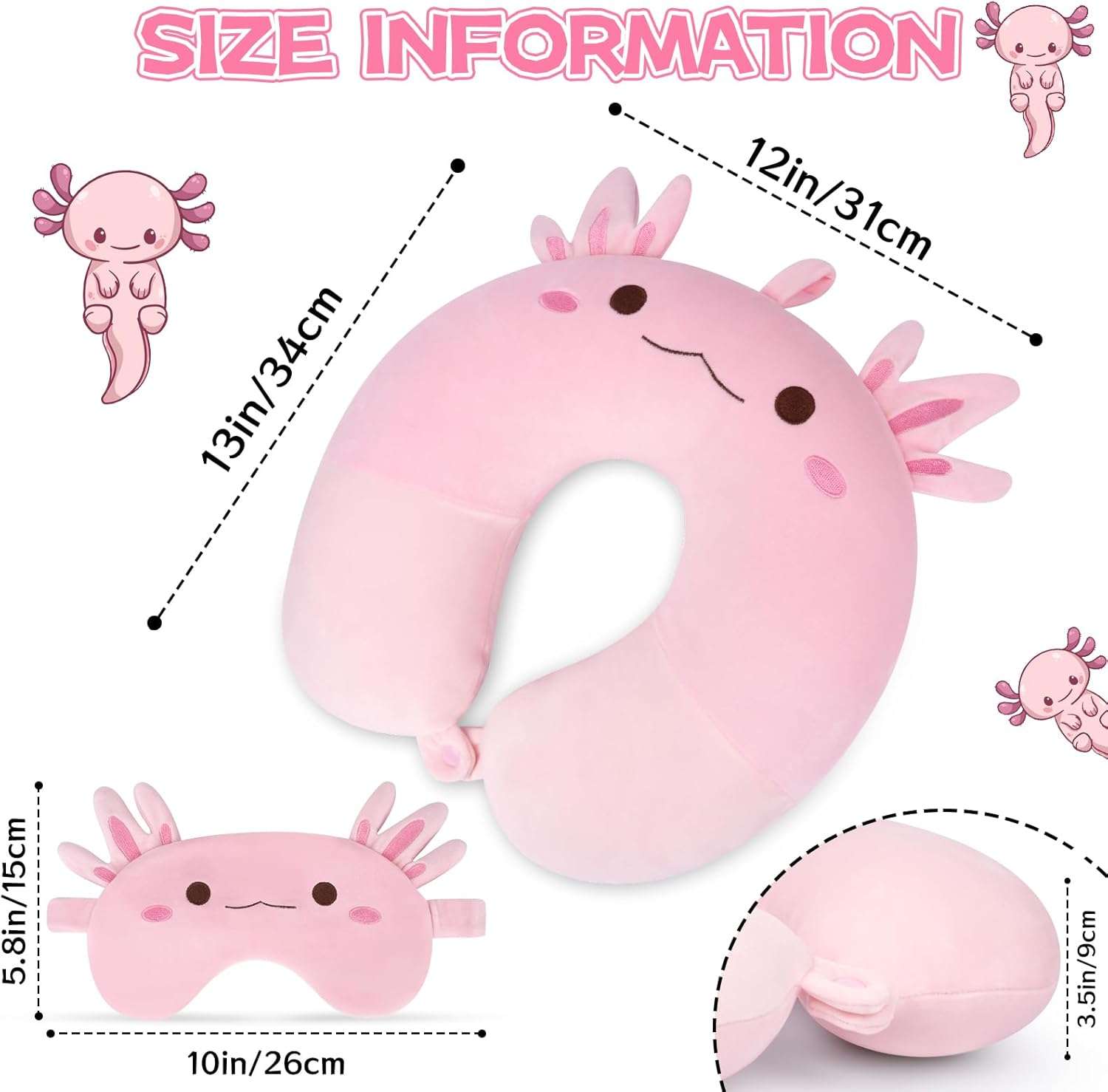 Kids Travel Pillow, Kid Neck Pillows with Eye Mask Cute Axolotl U Shaped Neck Pillow, Neck Support Travel Pillow for Road Trip, Airplane, Travel Pillow for Kids & Adults - 3