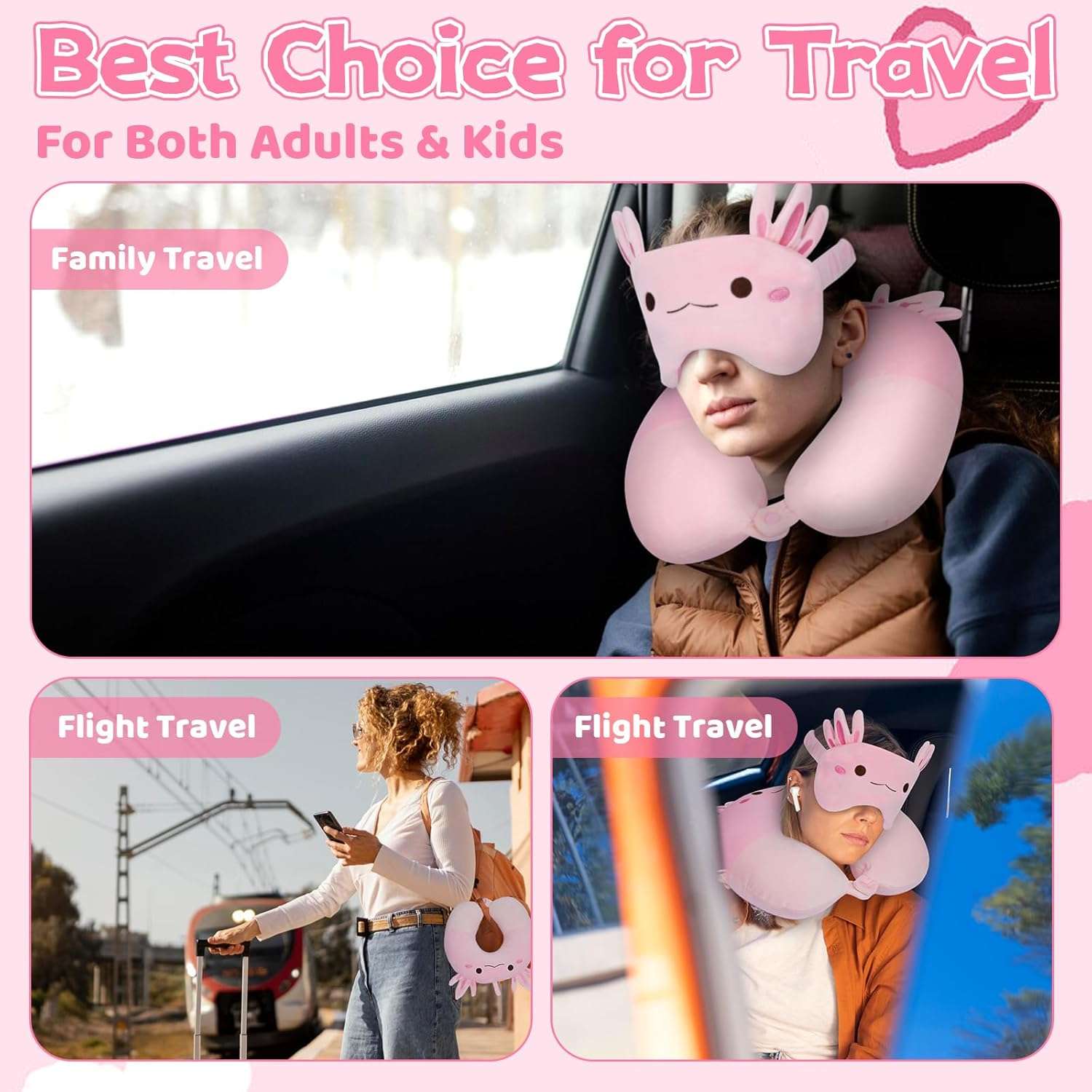 Kids Travel Pillow, Kid Neck Pillows with Eye Mask Cute Axolotl U Shaped Neck Pillow, Neck Support Travel Pillow for Road Trip, Airplane, Travel Pillow for Kids & Adults - 4