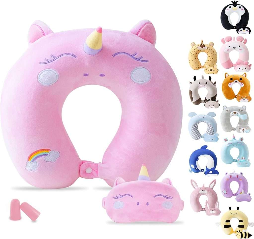 Travel Pillow for Kids Adult Cute Neck Pillow for Traveling Memory Foam Airplane Pillow Sleep Mask Animal Flight Pillow Head Rest Neck Support for Cars Long Flights (Pink, 9-12 Y/O)