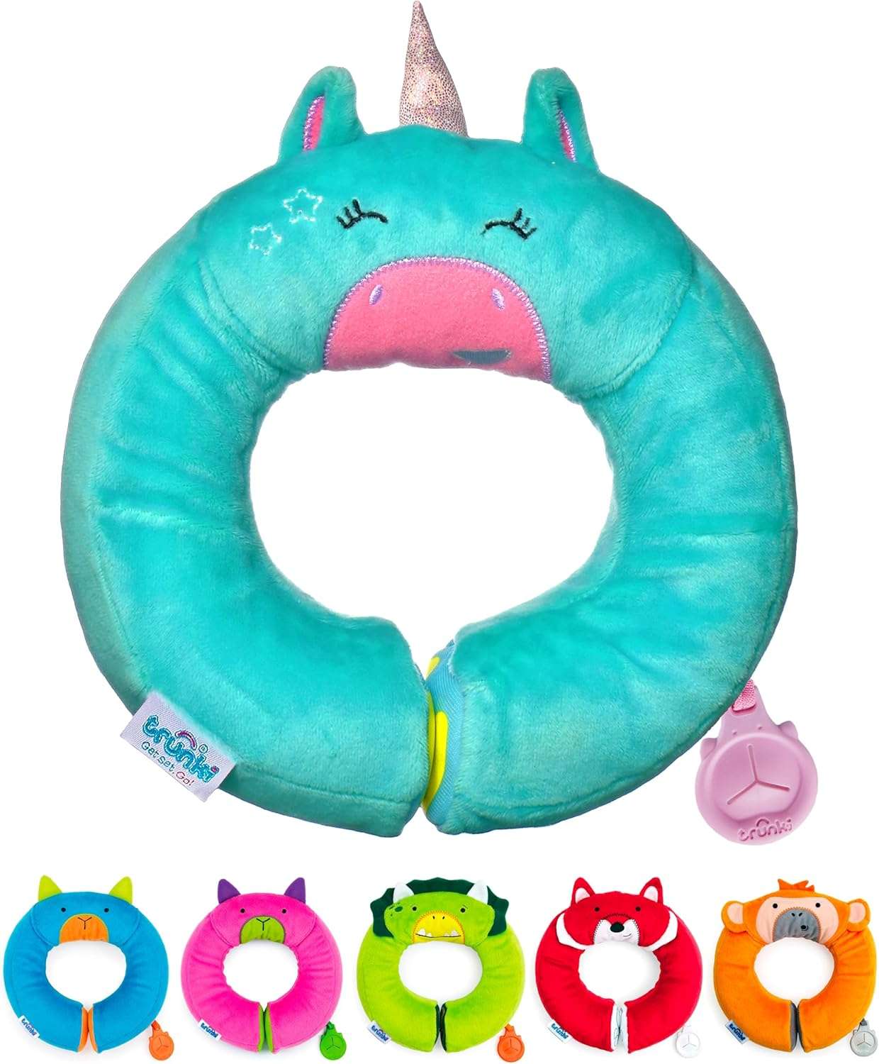 Trunki Kid's Travel Neck Pillow and Chin Rest - Support Sleepy Heads in The Car Seat, Plane, Bike or Pram - Yondi Small UNA Unicorn (Turquoise) - 1