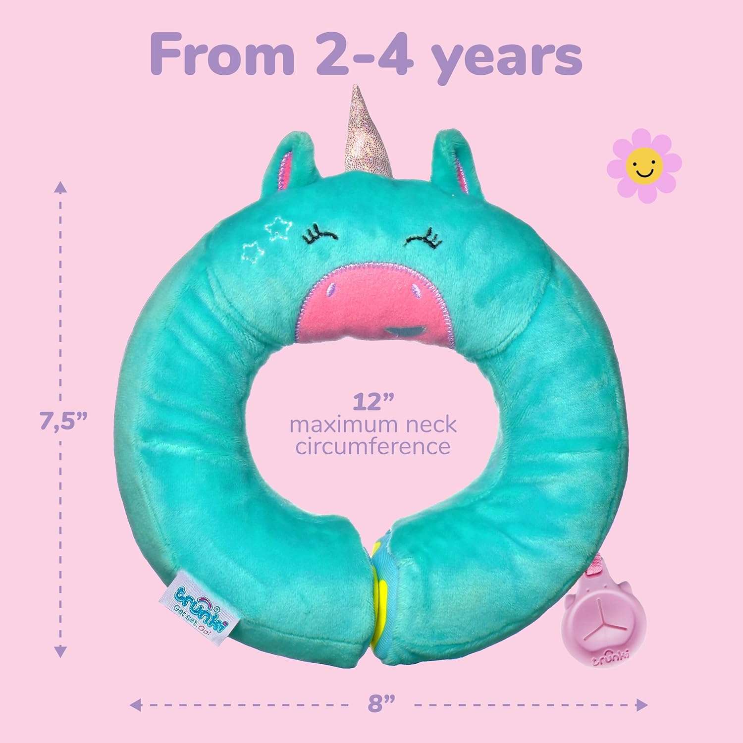 Trunki Kid's Travel Neck Pillow and Chin Rest - Support Sleepy Heads in The Car Seat, Plane, Bike or Pram - Yondi Small UNA Unicorn (Turquoise) - 2