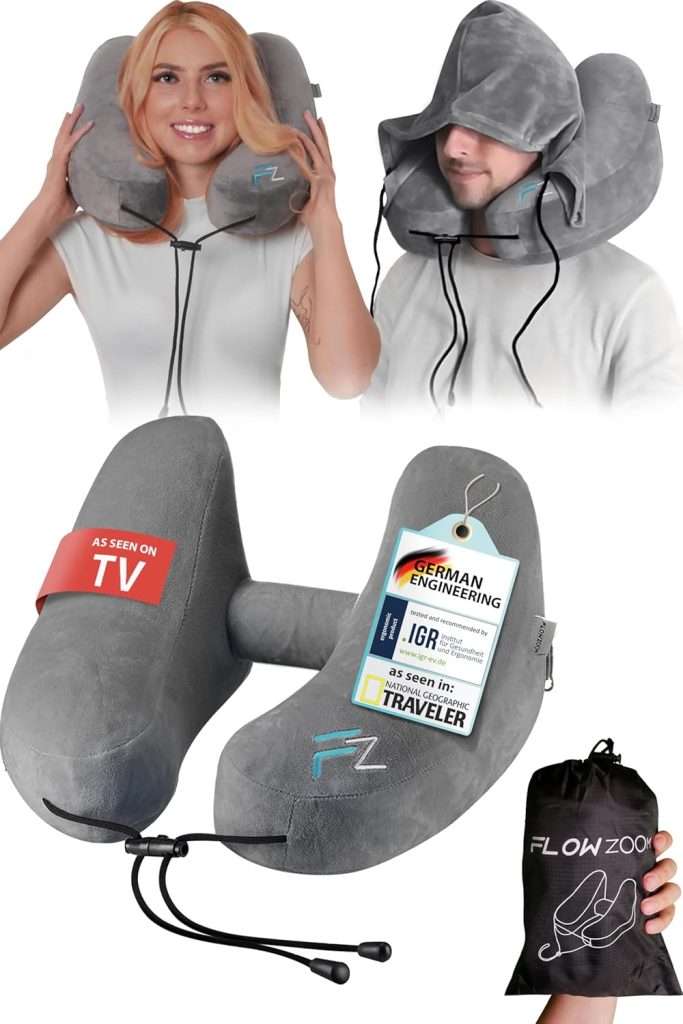 AIR Inflatable Travel Pillow – Hooded Neck Pillow Airplane – Travel Neck Pillow – Car & Plane Pillow – Airplane Pillow for Long Flight – Inflatable Neck Pillow for Traveling on Plane – Grey