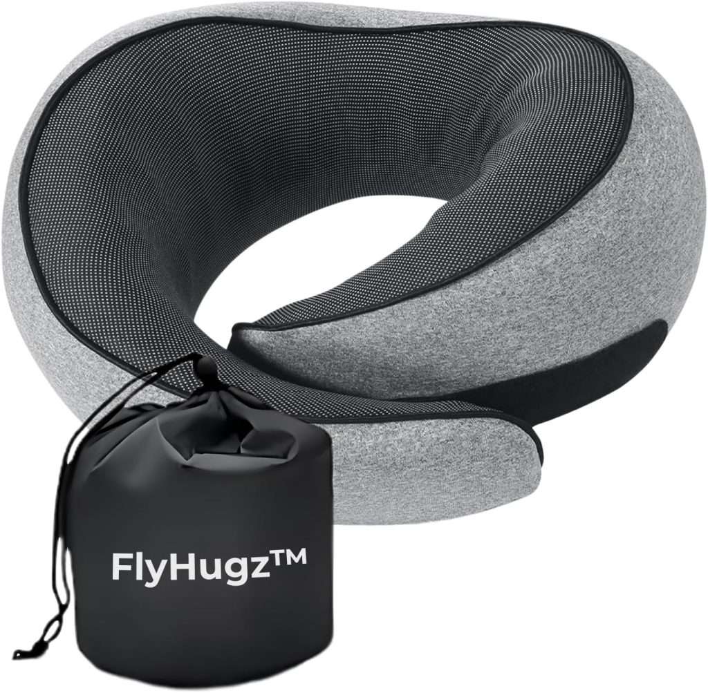 FlyHugz™ Neck Travel Pillow - Memory Foam Neck Pillow for Comfort on Airplane - Compact and Ergonomic Design for Travel, Car Rides, and Home Use - Ideal for Adults and Kids - 1