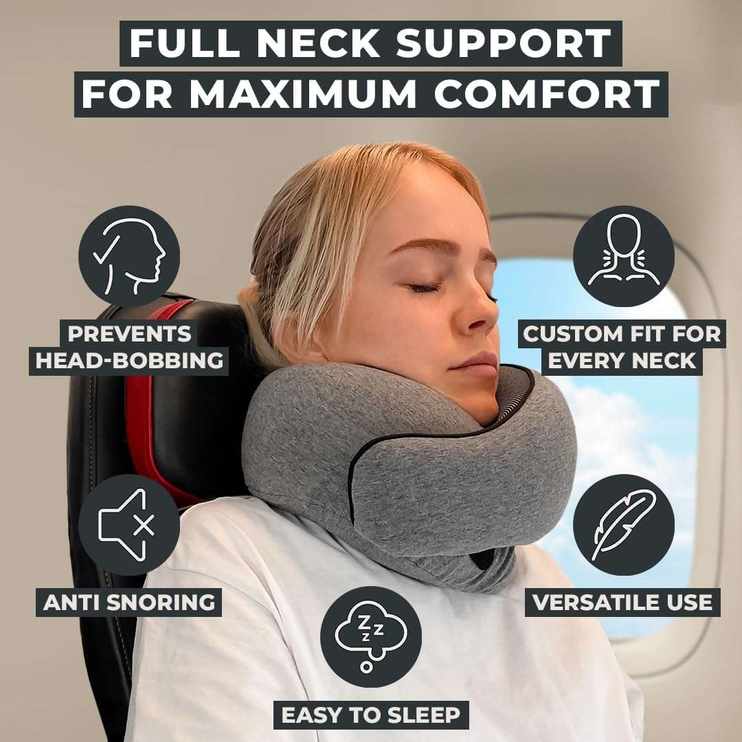 FlyHugz™ Neck Travel Pillow - Memory Foam Neck Pillow for Comfort on Airplane - Compact and Ergonomic Design for Travel, Car Rides, and Home Use - Ideal for Adults and Kids - 2