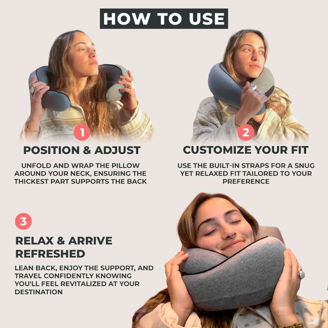 FlyHugz™ Neck Travel Pillow - Memory Foam Neck Pillow for Comfort on Airplane - Compact and Ergonomic Design for Travel, Car Rides, and Home Use - Ideal for Adults and Kids - 3