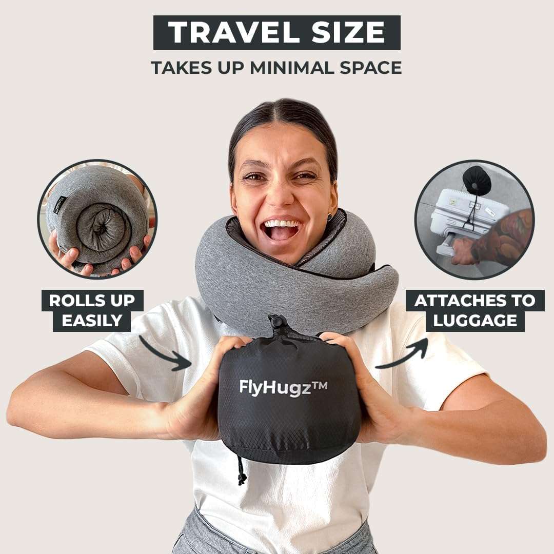 FlyHugz™ Neck Travel Pillow - Memory Foam Neck Pillow for Comfort on Airplane - Compact and Ergonomic Design for Travel, Car Rides, and Home Use - Ideal for Adults and Kids - 4