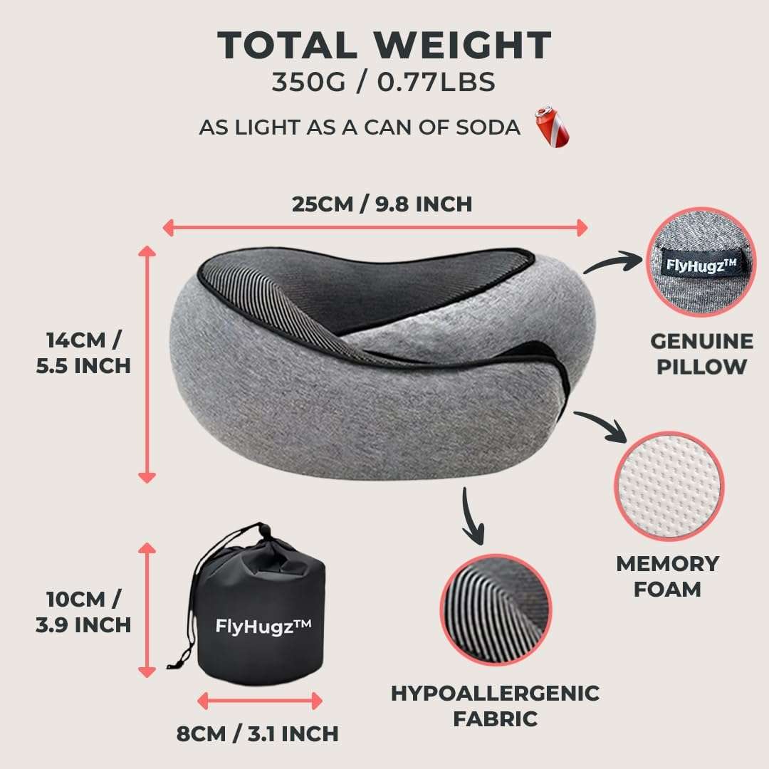 FlyHugz™ Neck Travel Pillow - Memory Foam Neck Pillow for Comfort on Airplane - Compact and Ergonomic Design for Travel, Car Rides, and Home Use - Ideal for Adults and Kids - 5