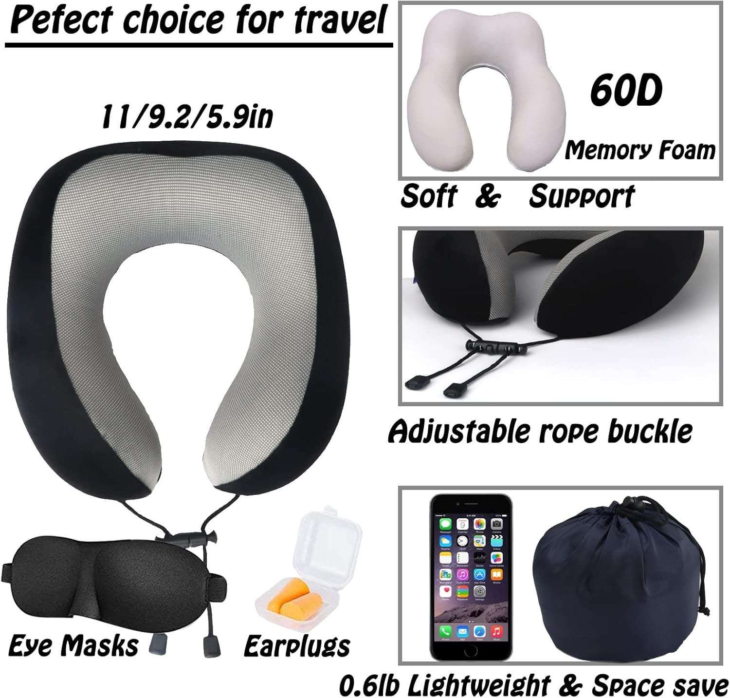 GOTDYA Travel Pillow,Travel Neck Pillows for Sleeping,100% Pure Memory Foam Soft Comfort & Support Pillow for Airplane-Car-Office&Home Rest Use-Black - 2