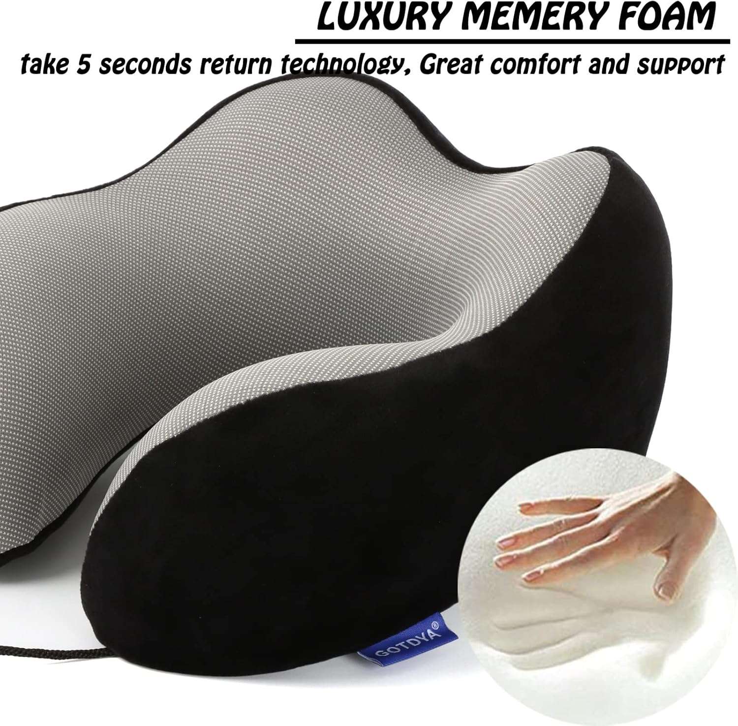 GOTDYA Travel Pillow,Travel Neck Pillows for Sleeping,100% Pure Memory Foam Soft Comfort & Support Pillow for Airplane-Car-Office&Home Rest Use-Black - 3