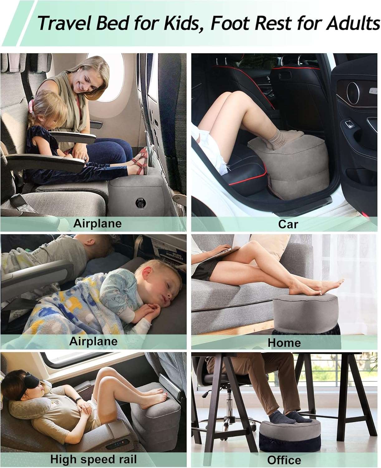 JefDiee Inflatable Foot Rest Pillow, Kids Airplane Bed, Adjustable 3 Layers Height Leg Rest Pillow, Airplane Travel Essentials Great for Airplane, Office, Home, Trains, Cars - 2