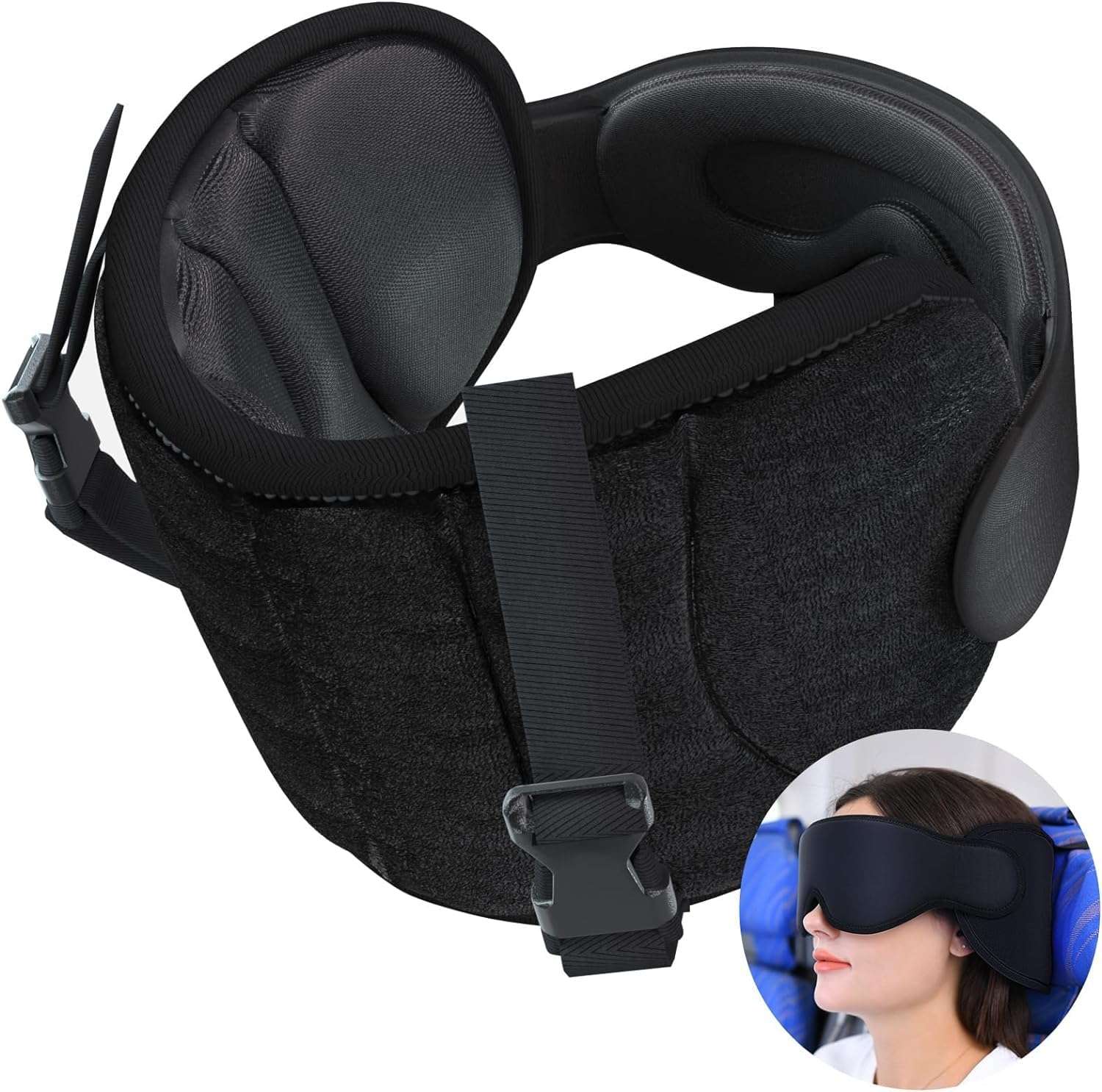Travel Pillows for Airplanes, Airplane Pillow for Long Flight, Airplane Head Strap with Eye Mask for Sleep, Travel Neck Pillow for Car Road Trip, 360° Support Headrest - 1