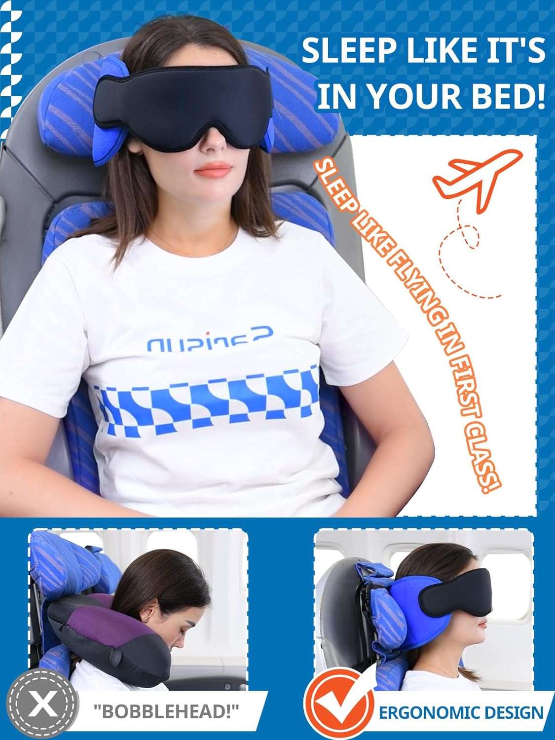 Travel Pillows for Airplanes, Airplane Pillow for Long Flight, Airplane Head Strap with Eye Mask for Sleep, Travel Neck Pillow for Car Road Trip, 360° Support Headrest - 2