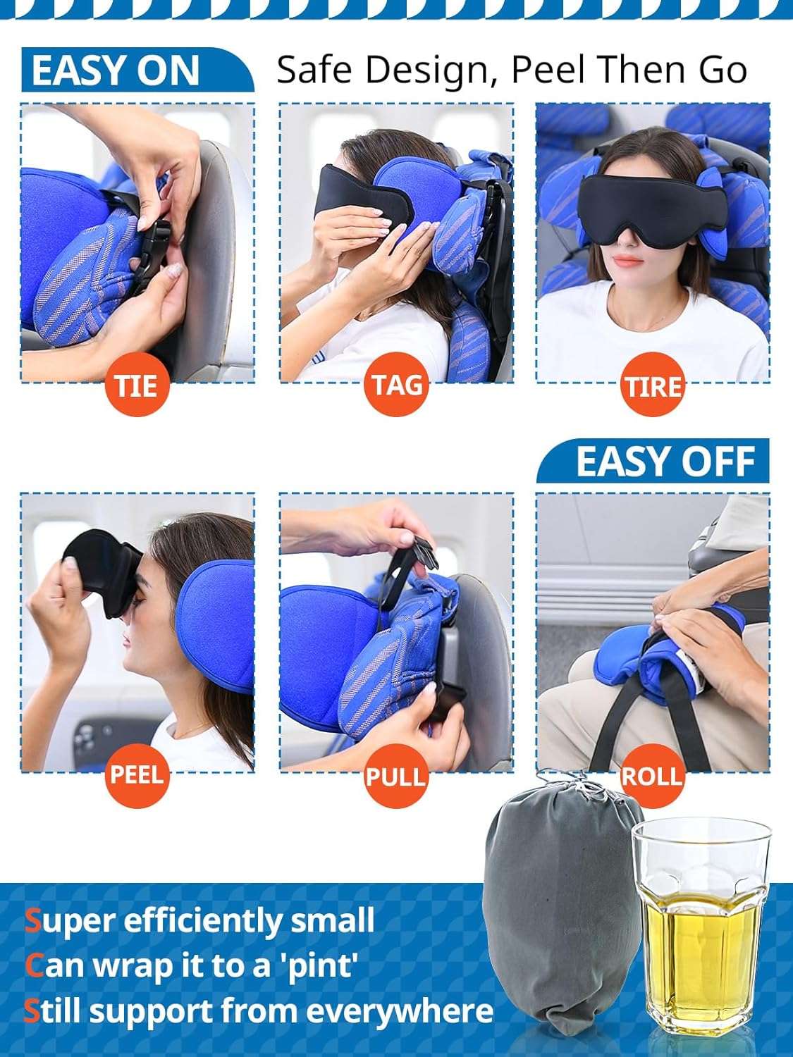 Travel Pillows for Airplanes, Airplane Pillow for Long Flight, Airplane Head Strap with Eye Mask for Sleep, Travel Neck Pillow for Car Road Trip, 360° Support Headrest - 4