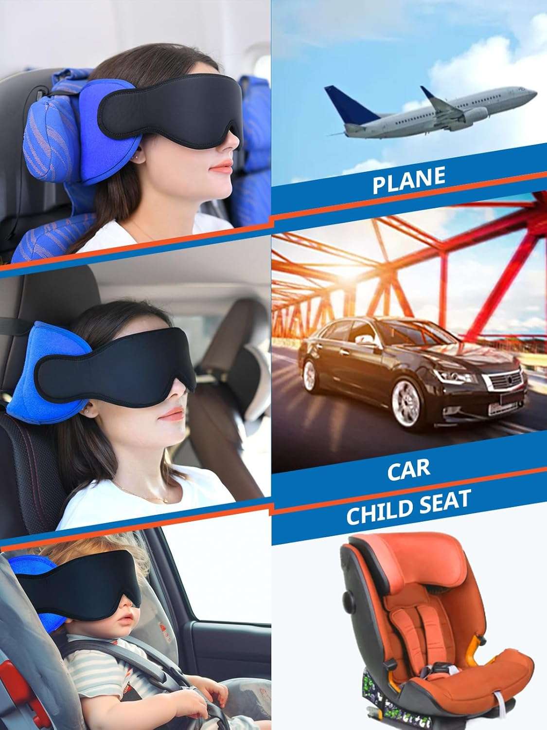 Travel Pillows for Airplanes, Airplane Pillow for Long Flight, Airplane Head Strap with Eye Mask for Sleep, Travel Neck Pillow for Car Road Trip, 360° Support Headrest - 6