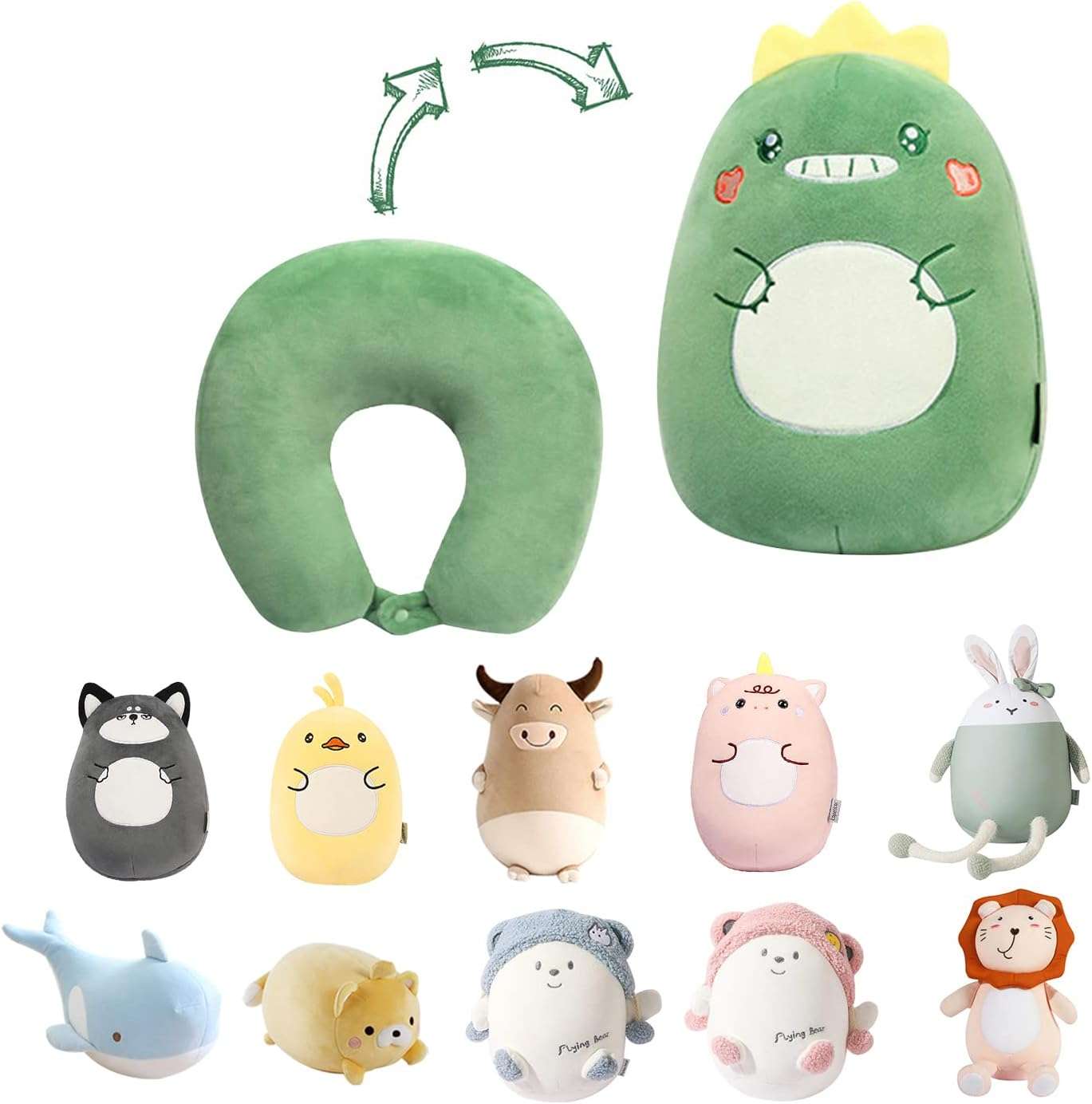 Kids Travel Pillow - 2-in-1 Deformable Kids Neck Pillow for Traveling, Soft U-Shaped Pillow with Adorable Animal Design, Comfy Sleep and Play, Ideal for Airplanes Travel - Dinosaur - 1