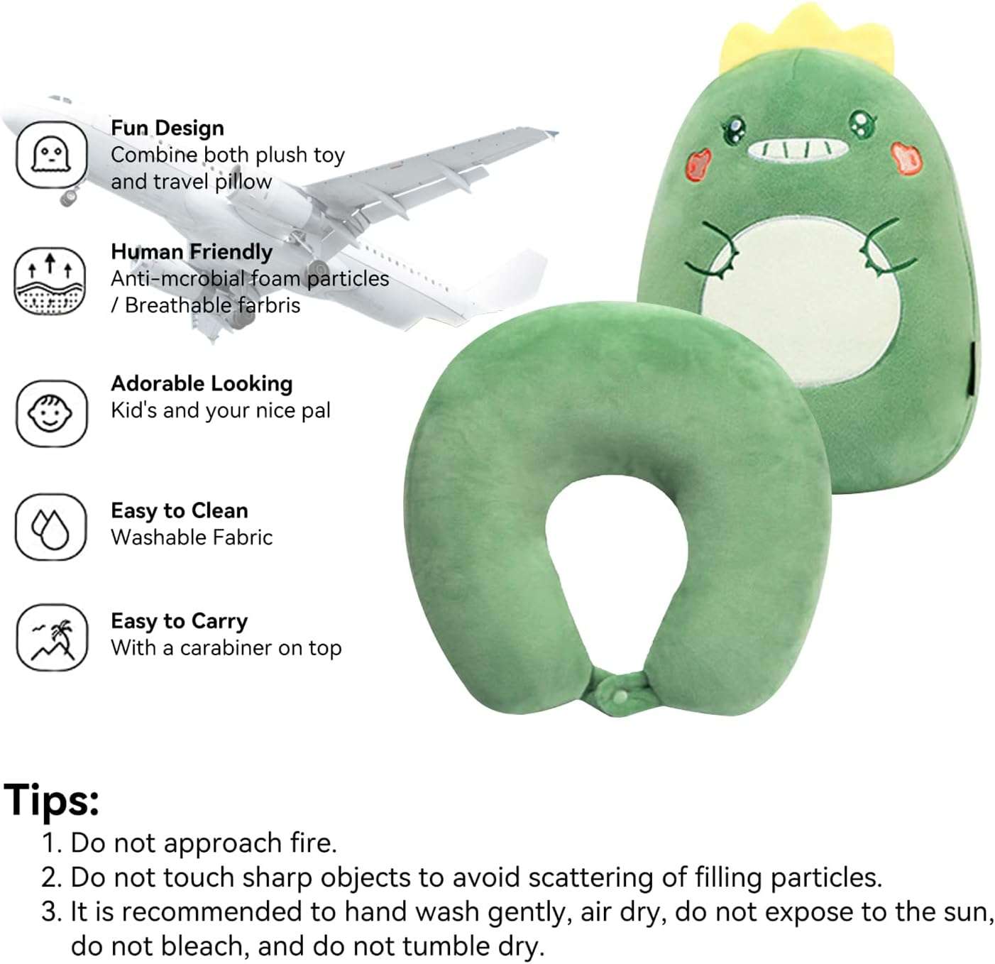 Kids Travel Pillow - 2-in-1 Deformable Kids Neck Pillow for Traveling, Soft U-Shaped Pillow with Adorable Animal Design, Comfy Sleep and Play, Ideal for Airplanes Travel - Dinosaur - 3