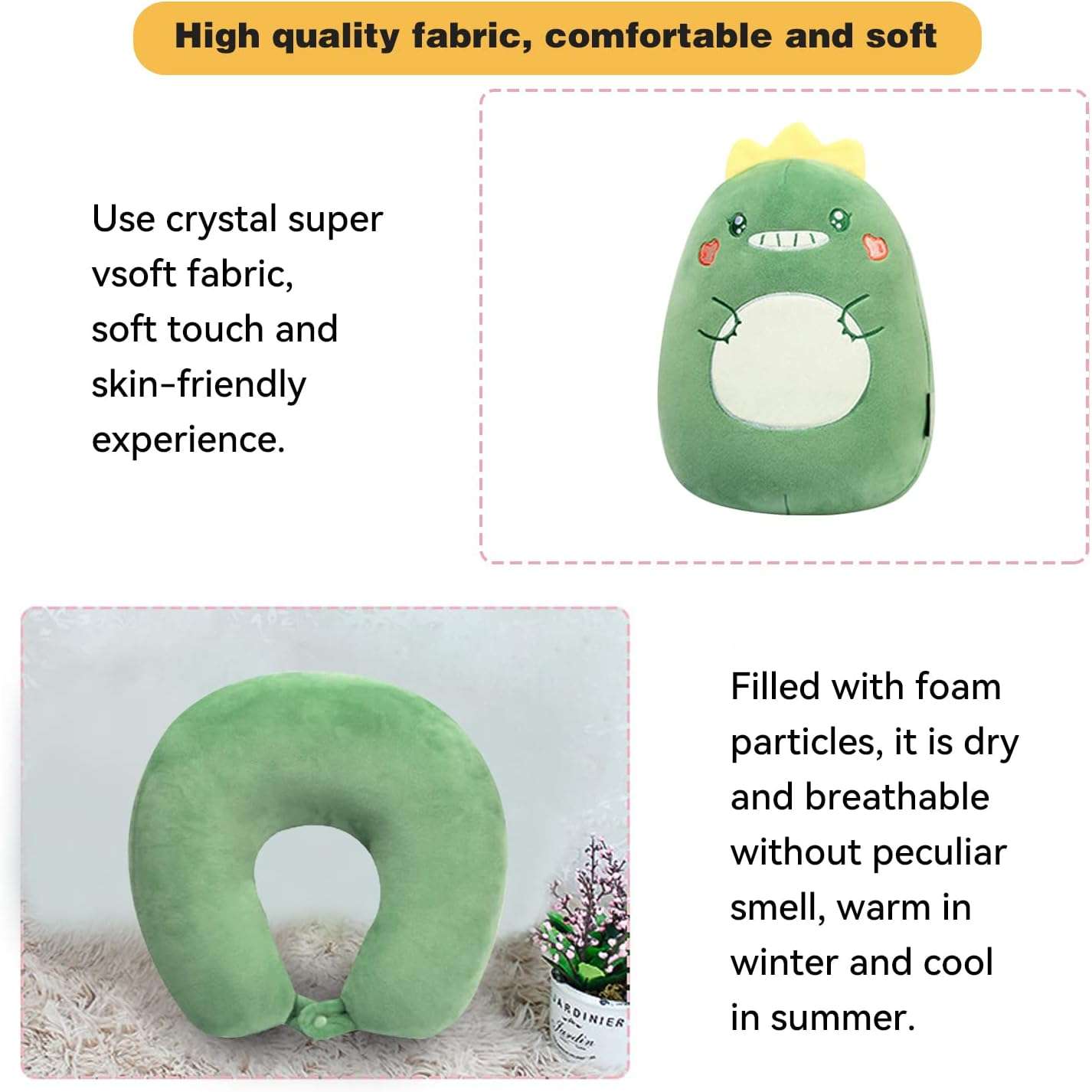Kids Travel Pillow - 2-in-1 Deformable Kids Neck Pillow for Traveling, Soft U-Shaped Pillow with Adorable Animal Design, Comfy Sleep and Play, Ideal for Airplanes Travel - Dinosaur - 4