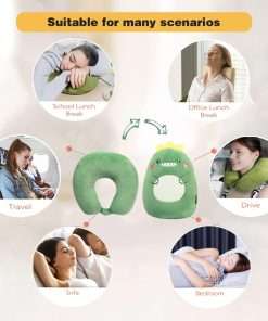 Kids Travel Pillow - 2-in-1 Deformable Kids Neck Pillow for Traveling, Soft U-Shaped Pillow with Adorable Animal Design, Comfy Sleep and Play, Ideal for Airplanes Travel - Dinosaur - 6