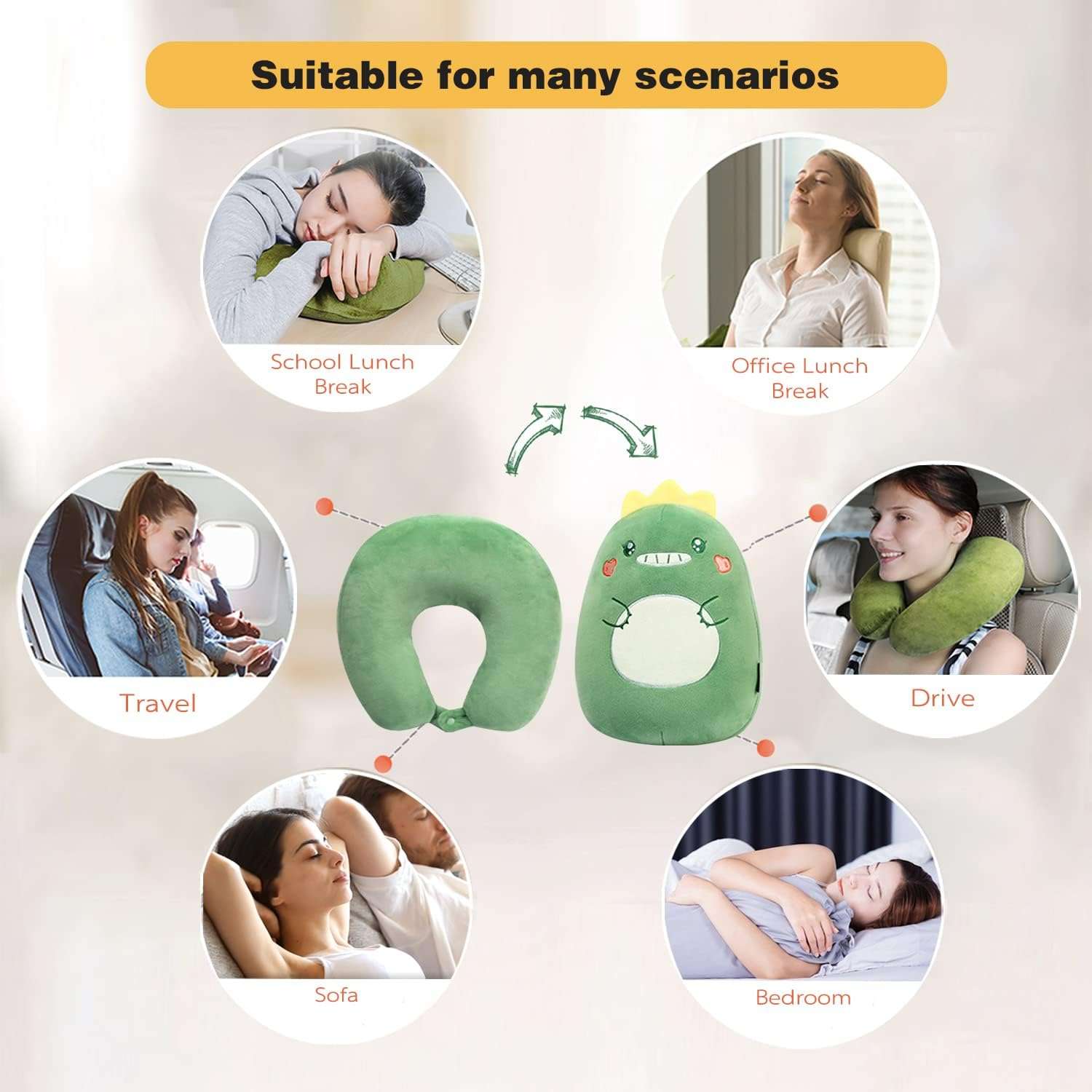 Kids Travel Pillow - 2-in-1 Deformable Kids Neck Pillow for Traveling, Soft U-Shaped Pillow with Adorable Animal Design, Comfy Sleep and Play, Ideal for Airplanes Travel - Dinosaur - 6