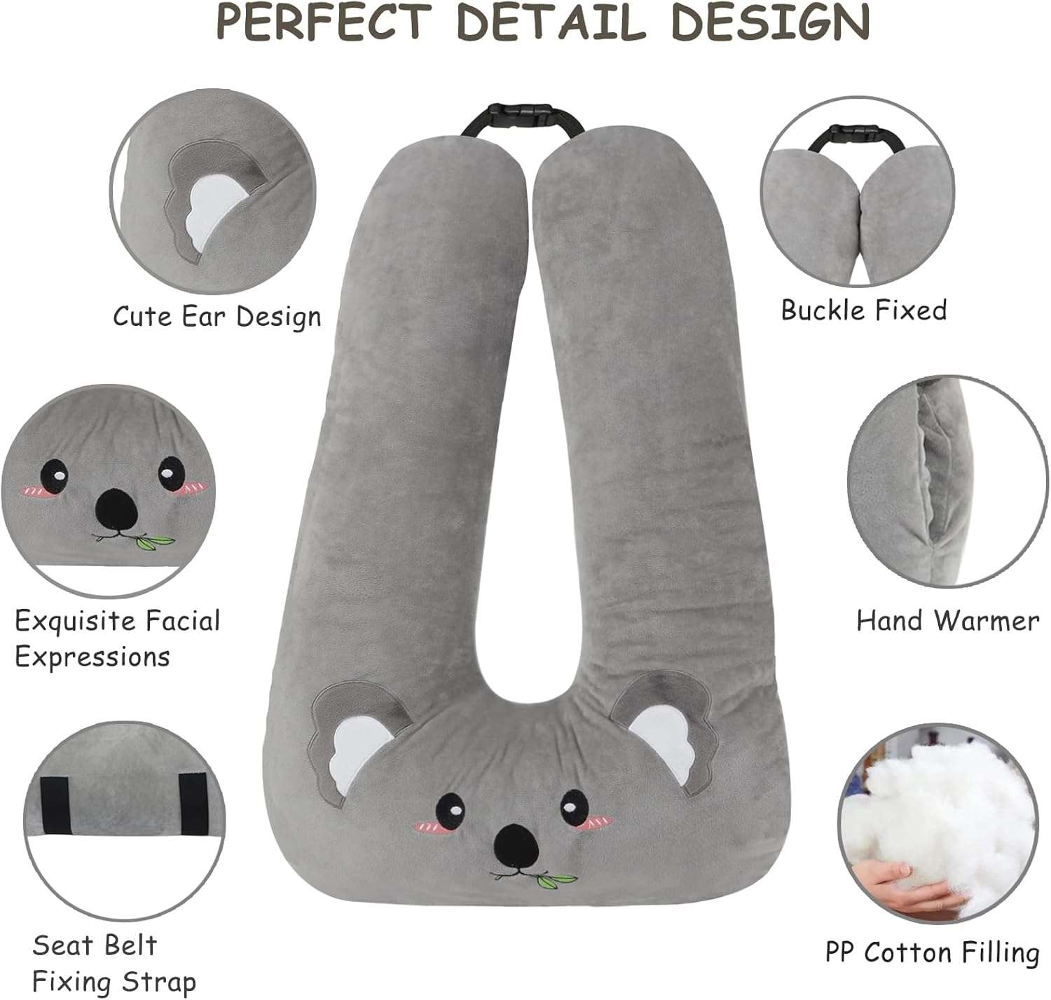 Kids Travel Pillow for Car Seat with Hand Muff, Cartoon Neck & Headrest Seat Belt Pillow for Car Road Trips Long-Distance Travel Sleeping Pillow for Adults and Children, Koala - 4