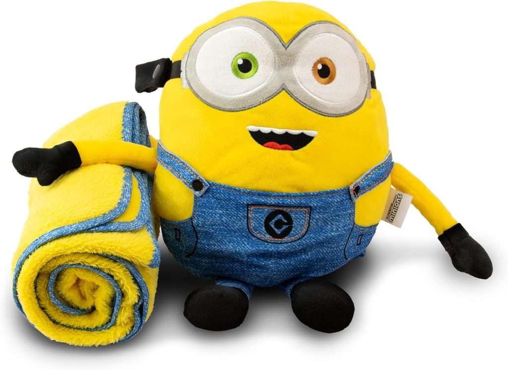Roamwild Universal Despicable Me Bob Minions Kids Travel Pillow and Travel Blanket Set – Soft Plush Armrest Buddy Transforms Any Armrest Into a Comfy Childs Pillow for Travelling