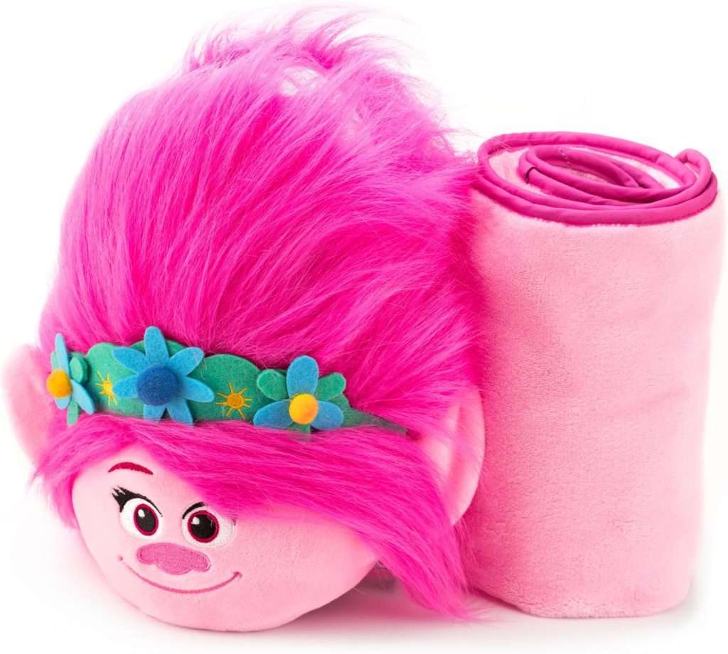 Trolls Armrest Buddy Stuffed Plush Travelling Toy with Blanket 13” – Kids Ultimate Travel Pillow Companion Set (Queen Poppy)