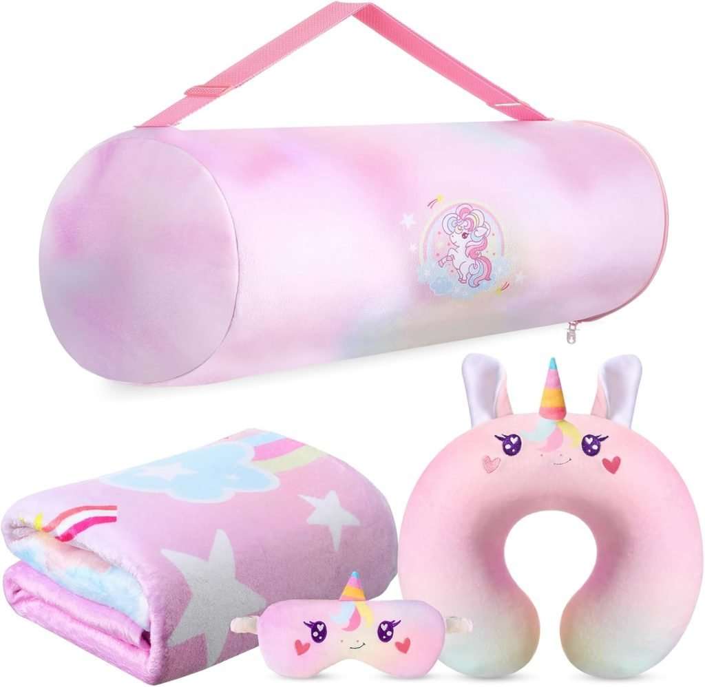 Unicorn Travel Blanket and Pillow Set for Kids Unicorn Airplane Blanket Soft Kids Neck Pillow Eye Mask and Adjustable Storage Bag Cute Travel Accessories for Girl Airplane Car Trip Home Use