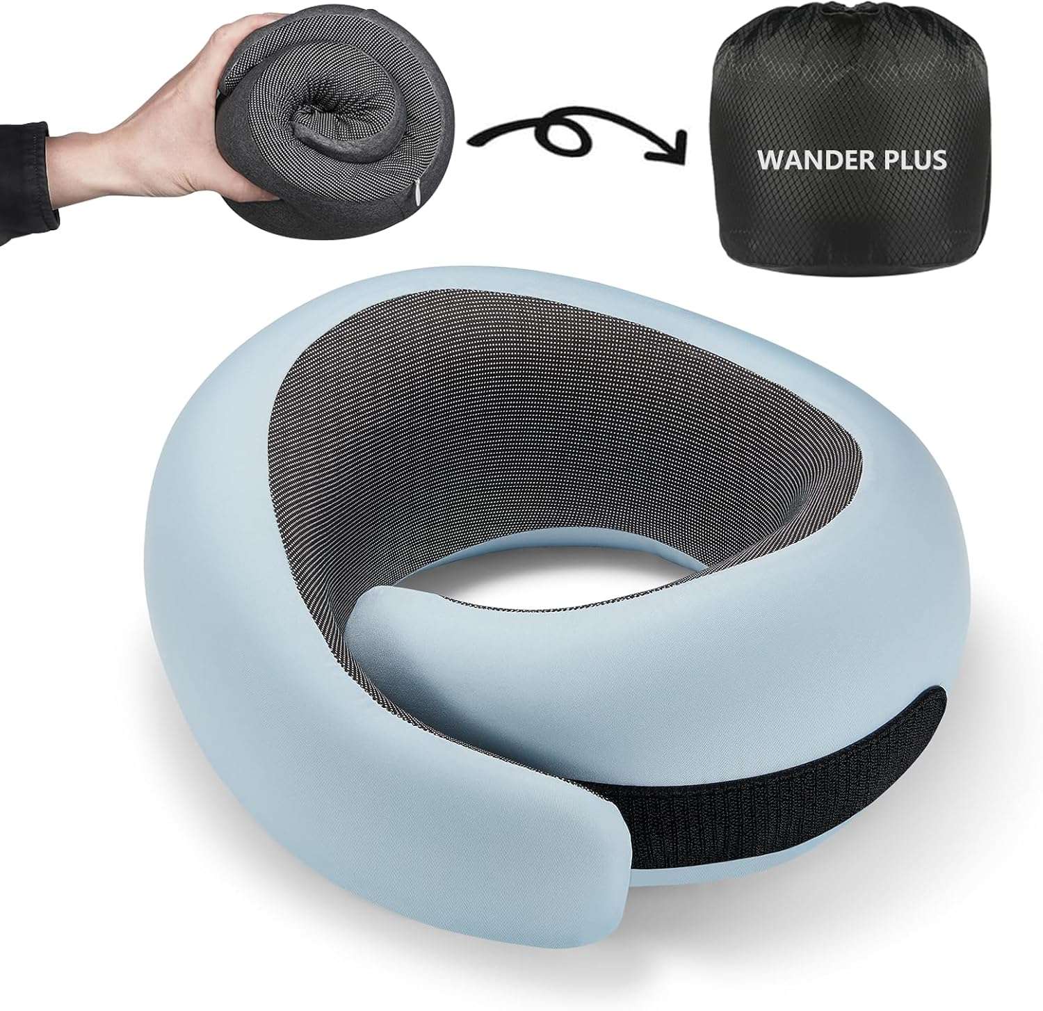 WANDER PLUS® Genuine Travel Pillow, 100% Pure Memory Foam Neck Pillow for Airplanes, Comfortable Breathable Cover, 360° Support Stowable Pillows for Sleeping - 1
