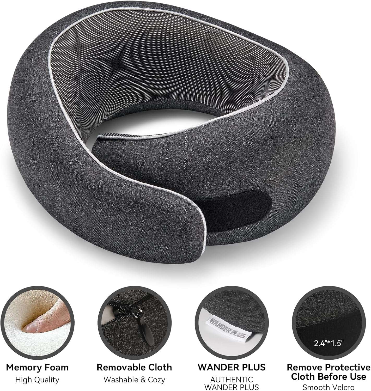 WANDER PLUS® Genuine Travel Pillow, 100% Pure Memory Foam Neck Pillow for Airplanes, Comfortable Breathable Cover, 360° Support Stowable Pillows for Sleeping - 3