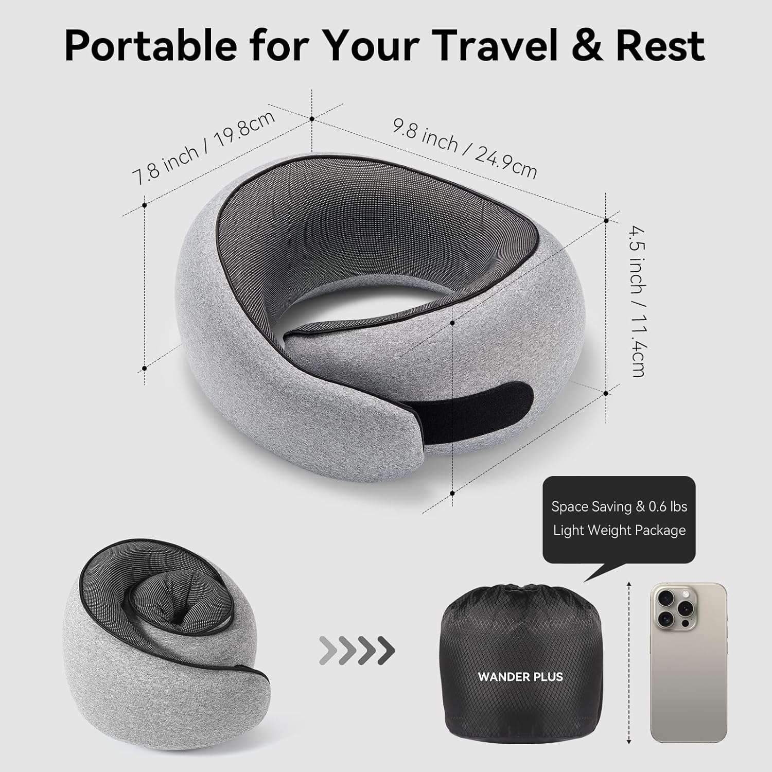 WANDER PLUS® Genuine Travel Pillow, 100% Pure Memory Foam Neck Pillow for Airplanes, Comfortable Breathable Cover, 360° Support Stowable Pillows for Sleeping - 4
