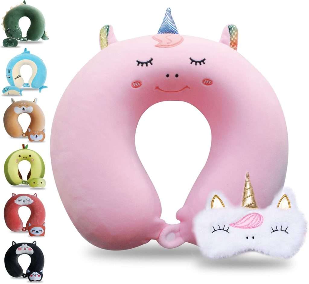 Sexysamba Cartoon Headrest & Neck Pillow for Kids Boys & Girls, Teens, Travel Accessories for Airplane, Car, Recline, Memory Foam Cute Travel Pillow with Sleep Eye Mask – Pink Unicorn