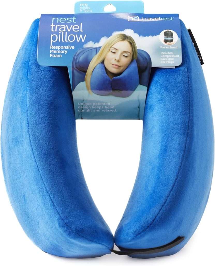 TRAVELREST Nest Memory Foam Travel Neck Pillow, Advanced Support for Long Flights, Patented Design, Optimal Relaxation, Compact, Ergonomic, and Washable, On-The-Go, Attaches to Luggage – Blue