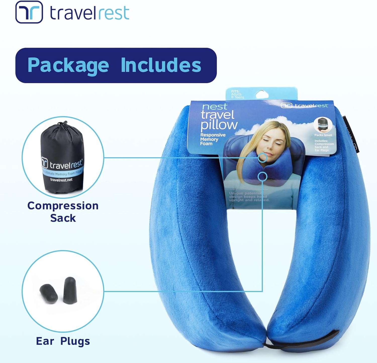 TRAVELREST Nest Memory Foam Travel Neck Pillow, Advanced Support for Long Flights, Patented Design, Optimal Relaxation, Compact, Ergonomic, and Washable, On-The-Go, Attaches to Luggage - 2