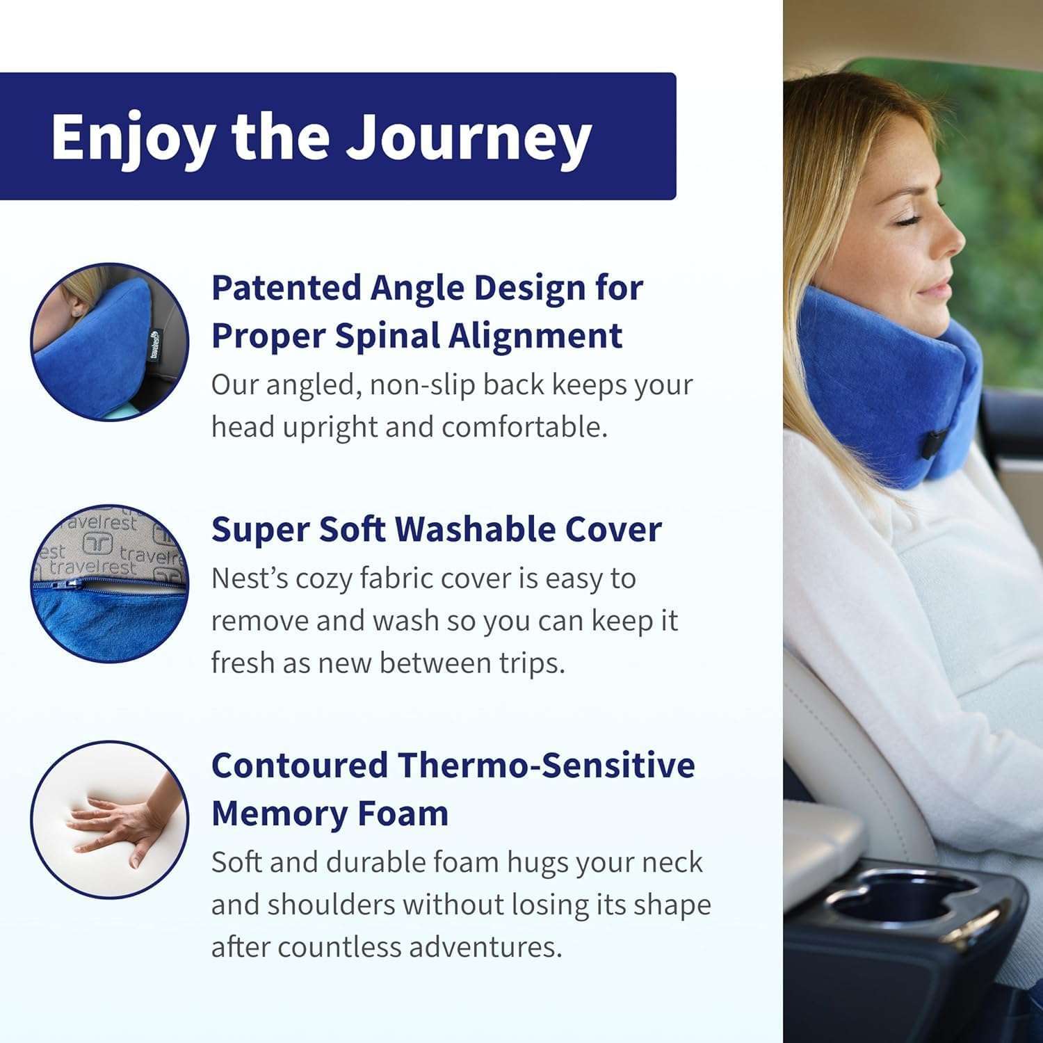 TRAVELREST Nest Memory Foam Travel Neck Pillow, Advanced Support for Long Flights, Patented Design, Optimal Relaxation, Compact, Ergonomic, and Washable, On-The-Go, Attaches to Luggage - 4